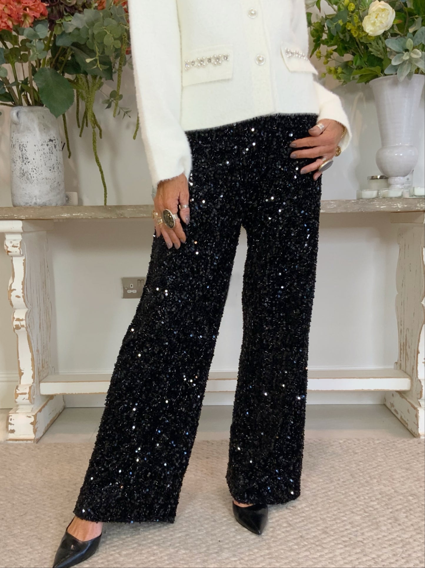 Wide-Leg Sequin Trousers