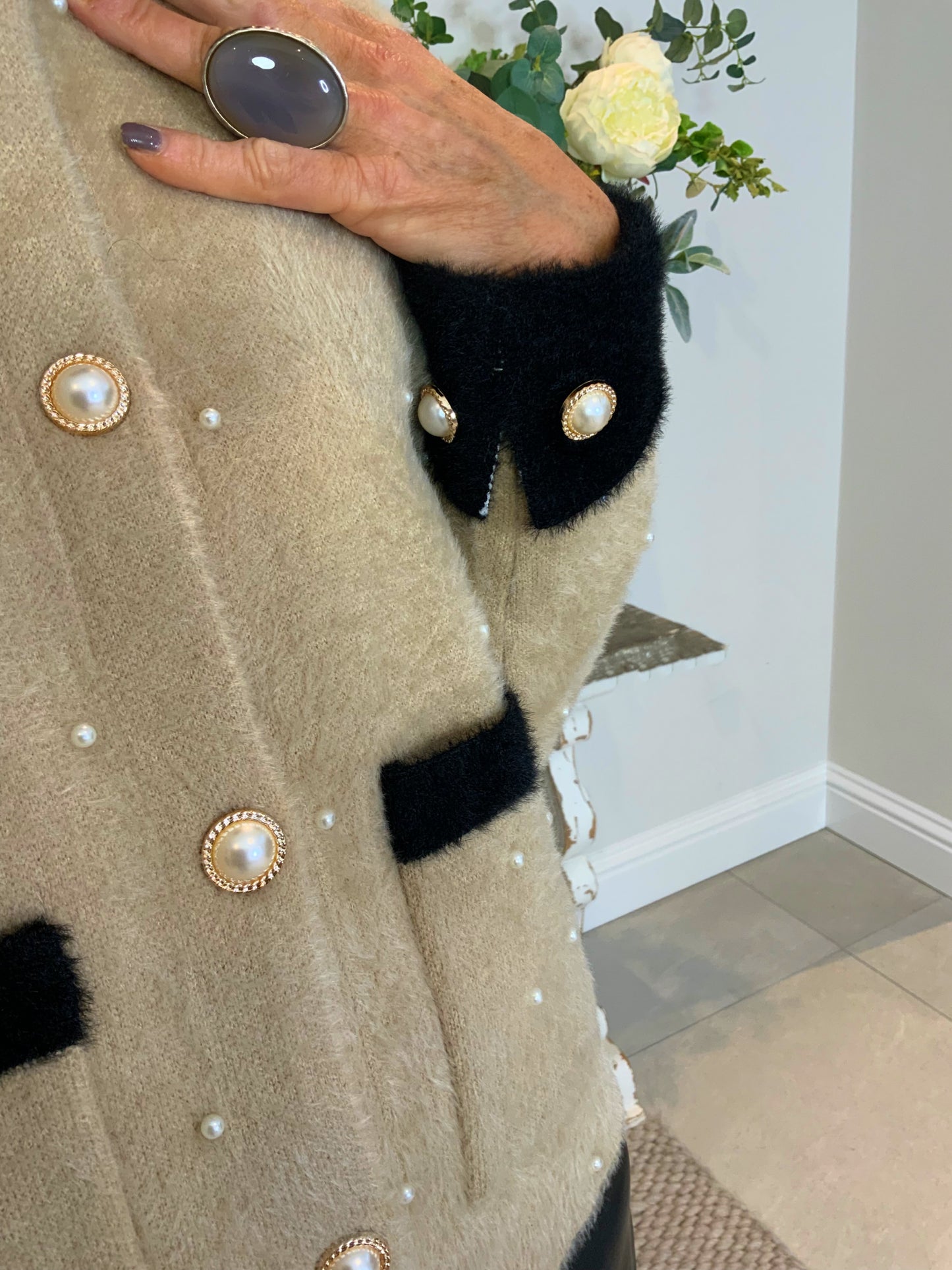 Brushed Cardi-Jacket with Pearls