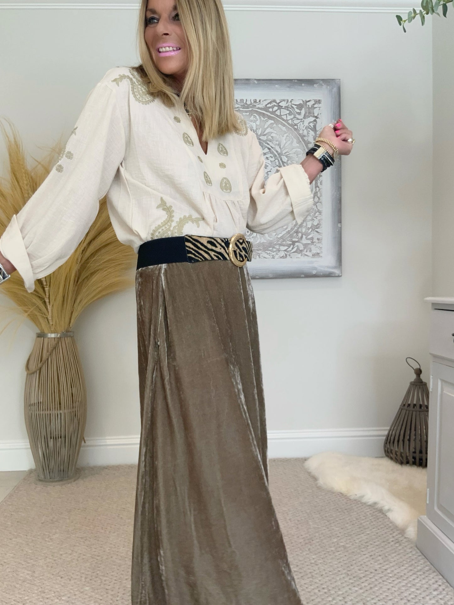 Evie Velvet Maxi Skirt Taupe