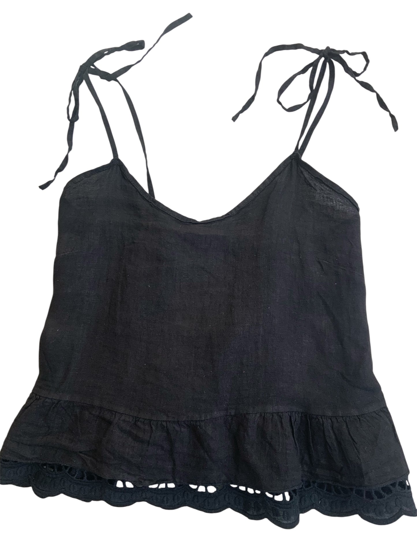 Linen Strappy Top With Broderie Hem