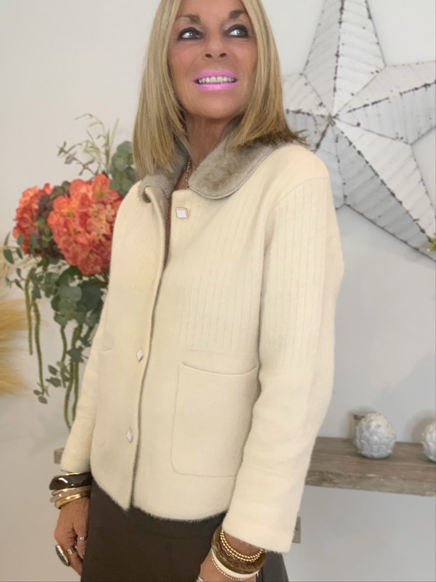 Ria Faux Fur-Collar Cardigan Jacket