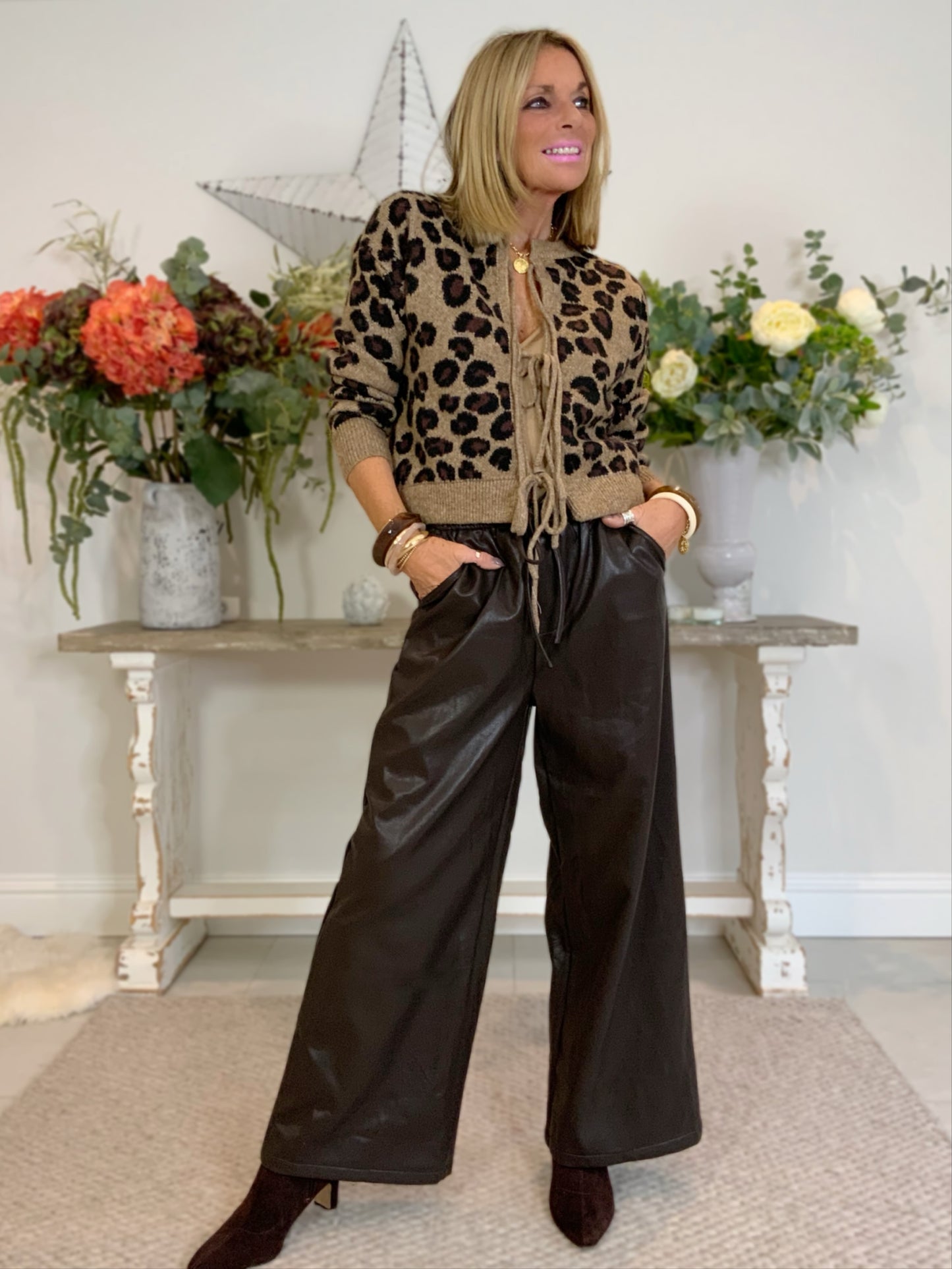 Faux Leather Wide-Leg Trousers