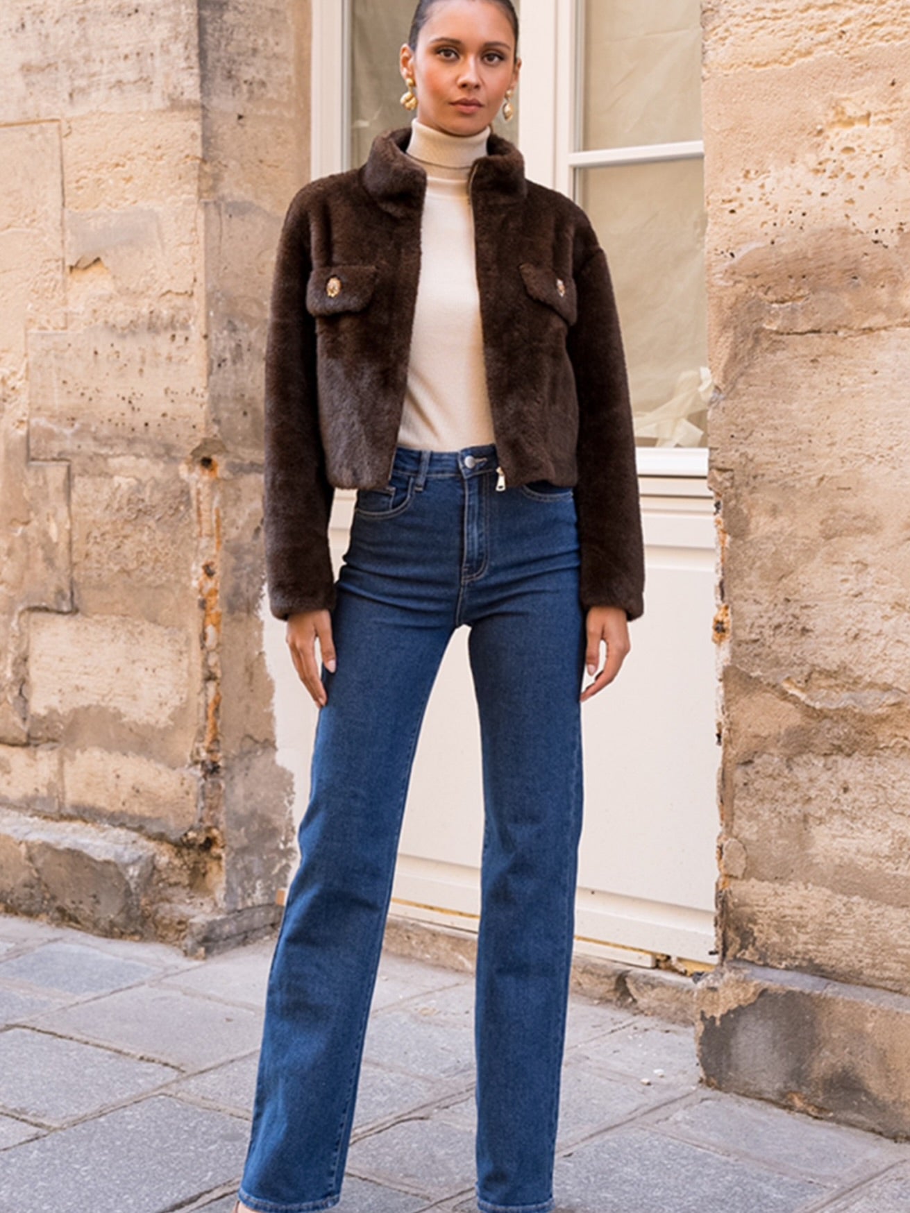 Faux Fur Jacket With Statement Buttons