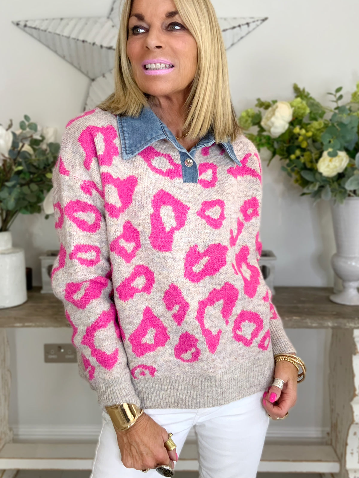 Denim Collar Animal Print Jumper