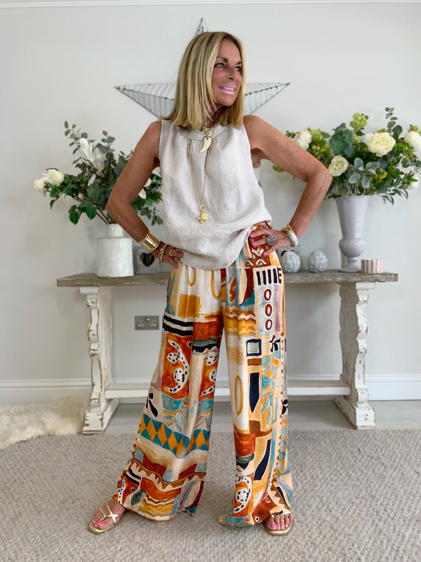 Abstract Retro Print Palazzo Pants
