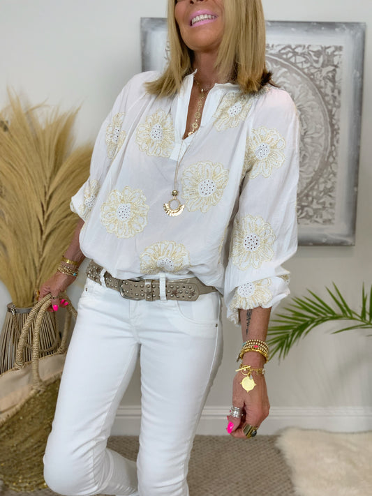 Gold Flower Embroidery Top
