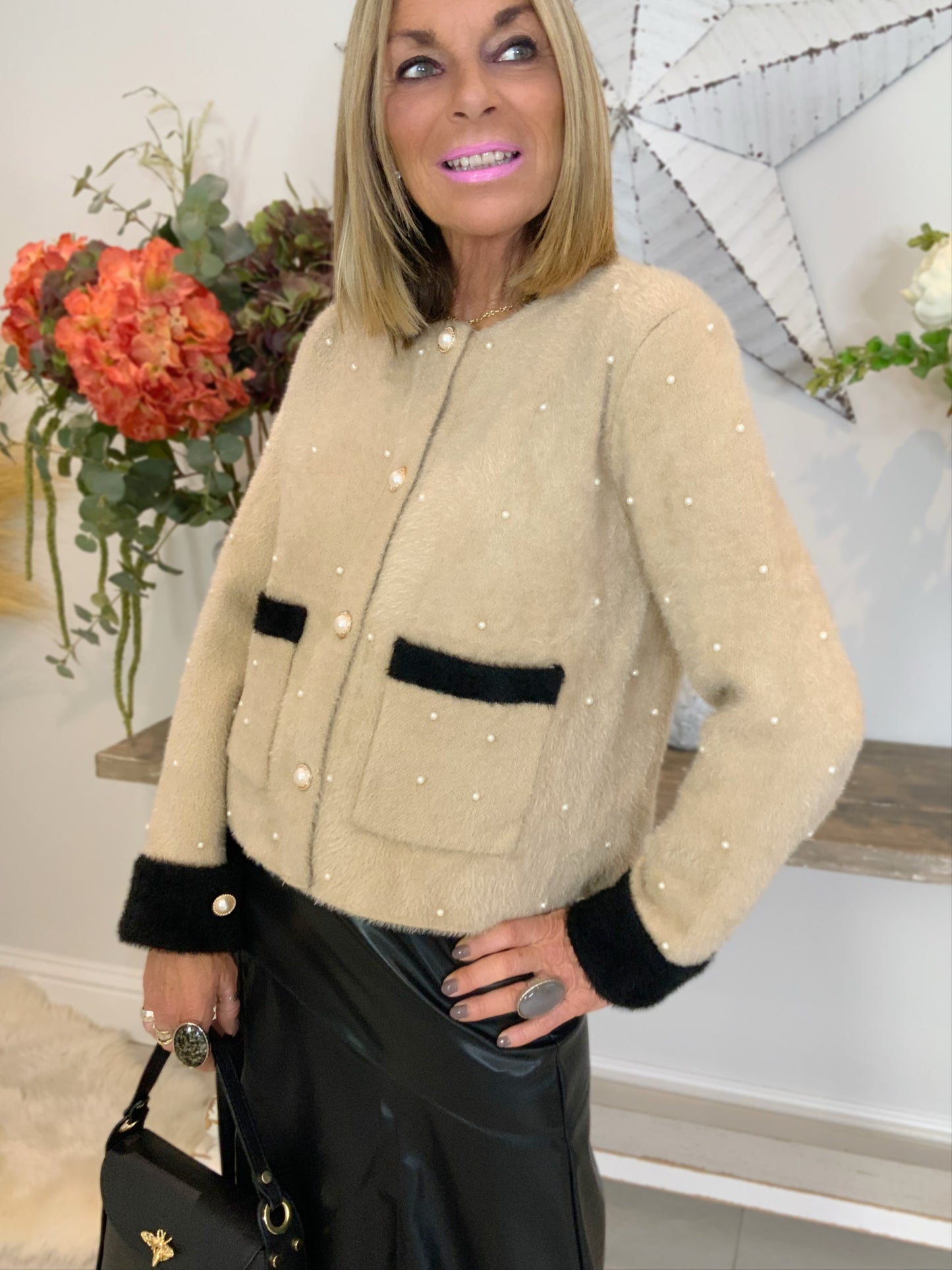 Brushed Cardi-Jacket with Pearls