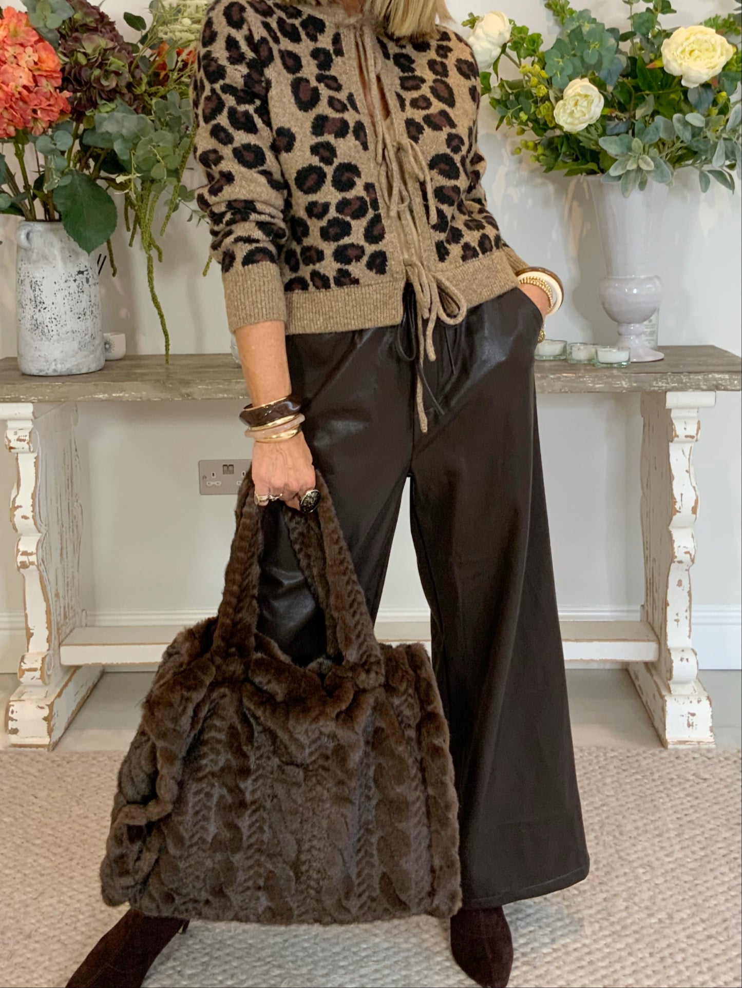 Faux Leather Wide-Leg Trousers