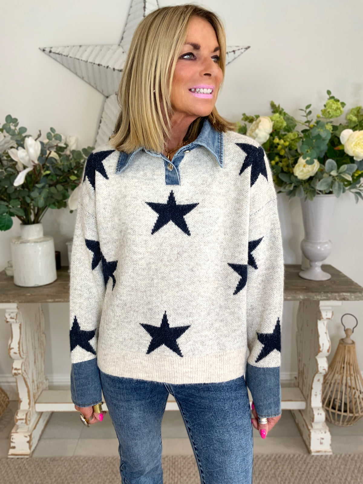 Denim Collar Star Jumper