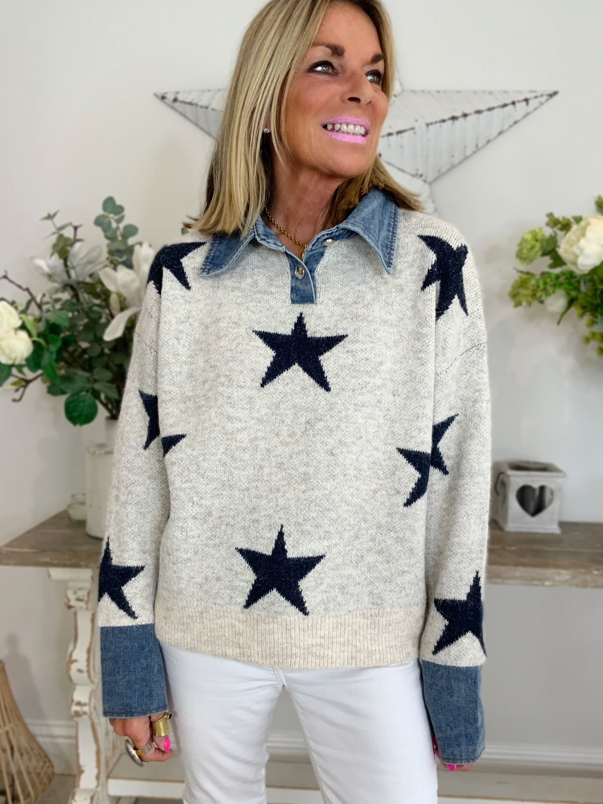 Denim Collar Star Jumper