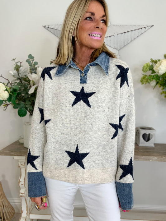 Denim Collar Star Jumper