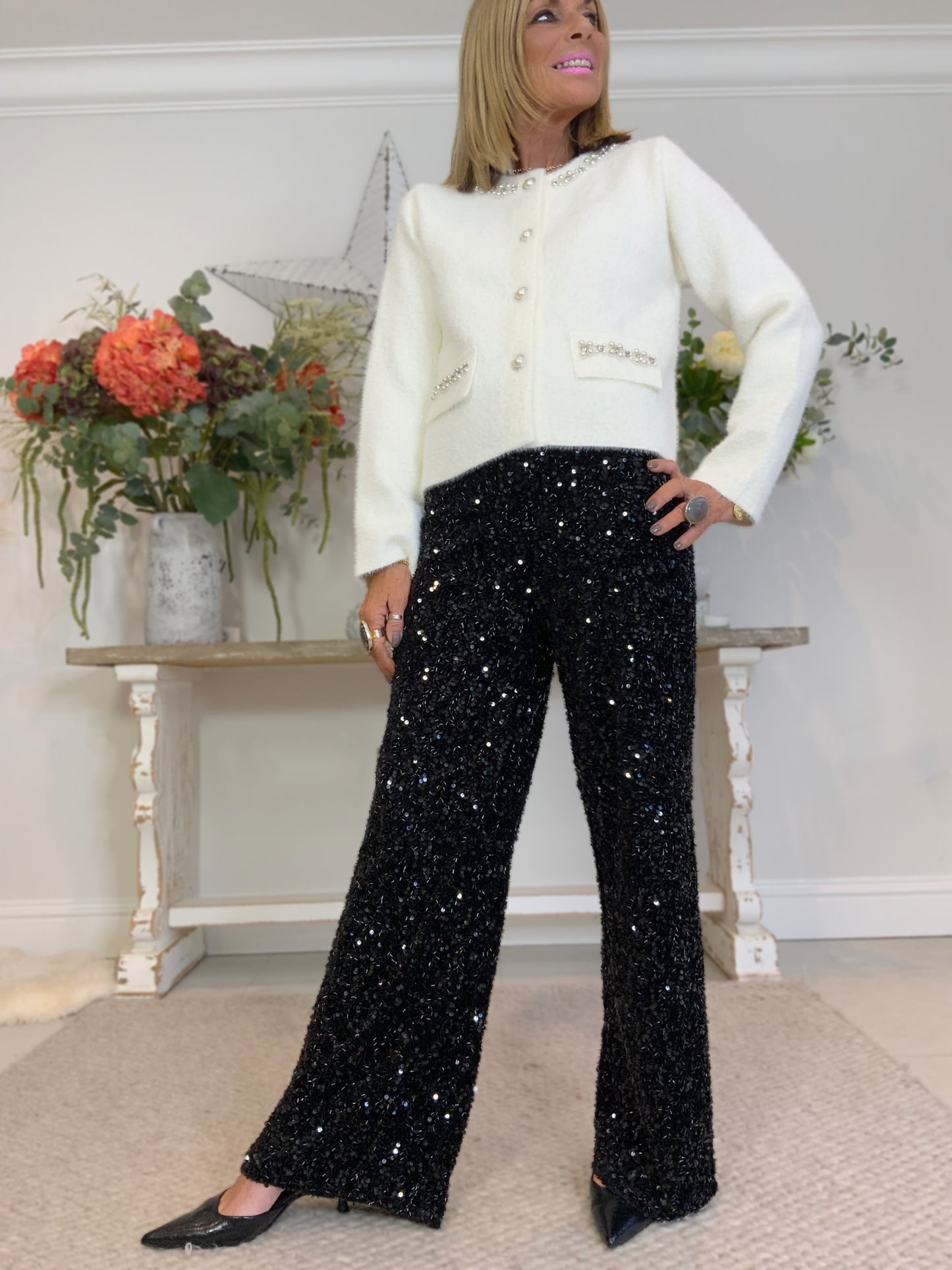 Wide-Leg Sequin Trousers