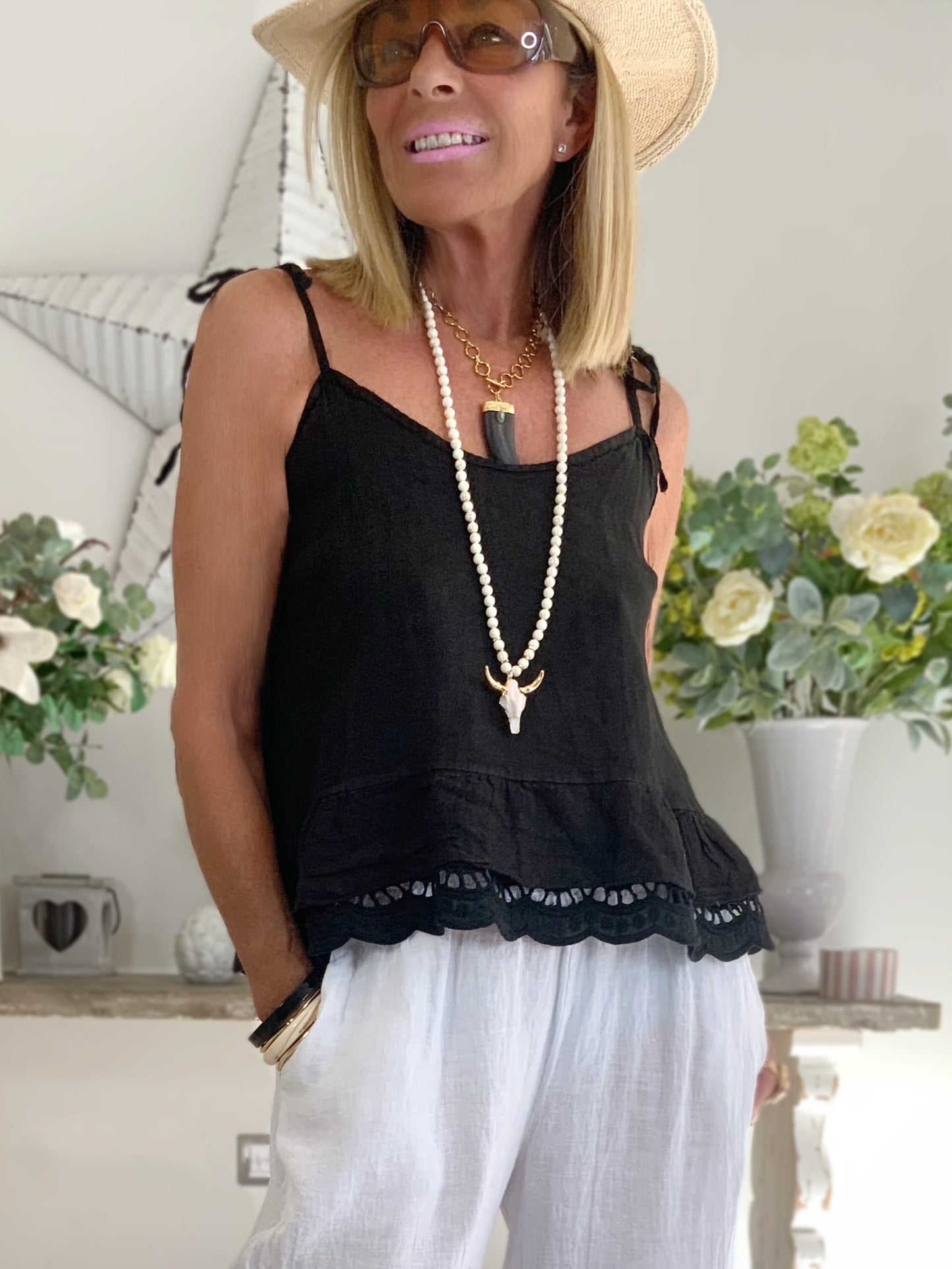 Linen Strappy Top With Broderie Hem