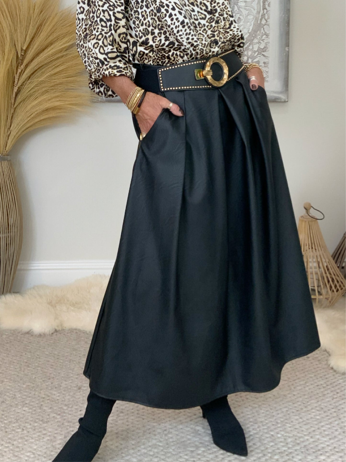 Pleated Faux Leather Maxi Skirt