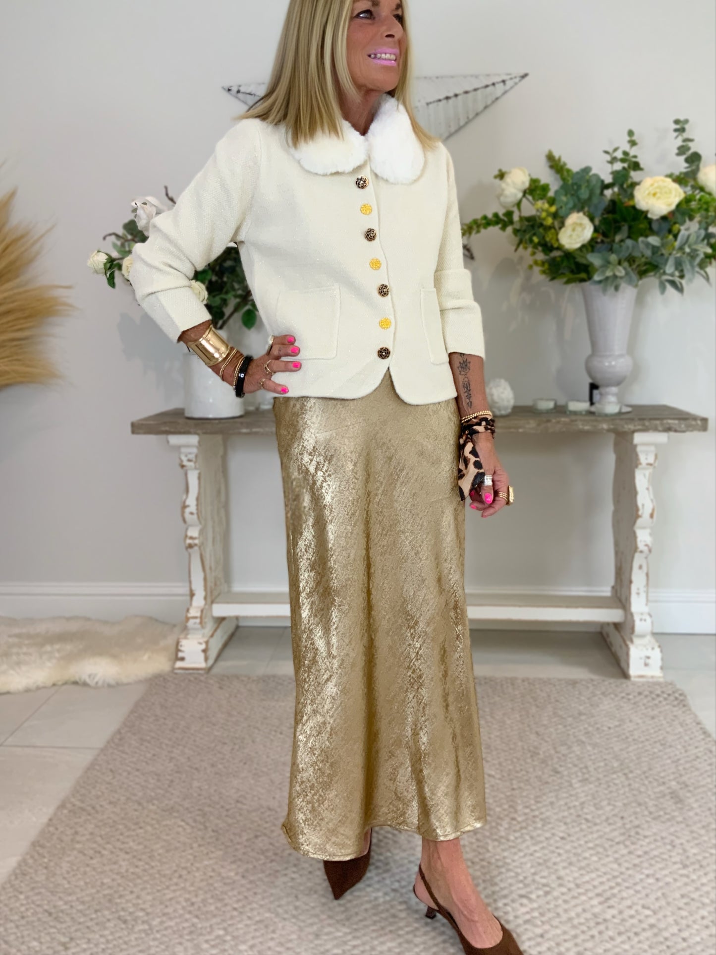 Metallic Bias-Cut Midi Skirt