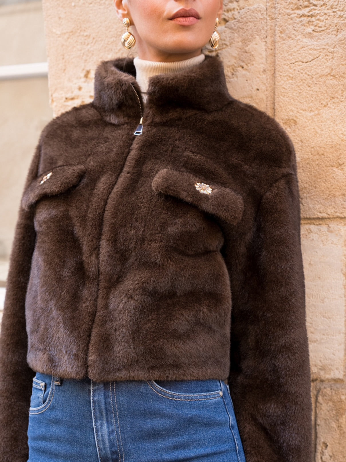 Faux Fur Jacket With Statement Buttons