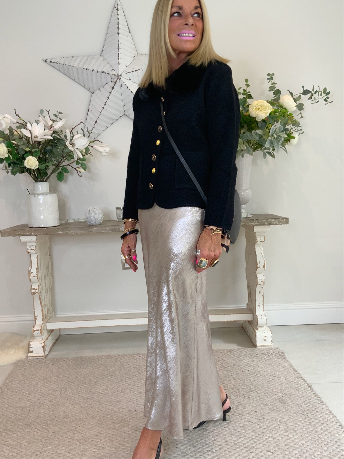 Metallic Bias-Cut Midi Skirt