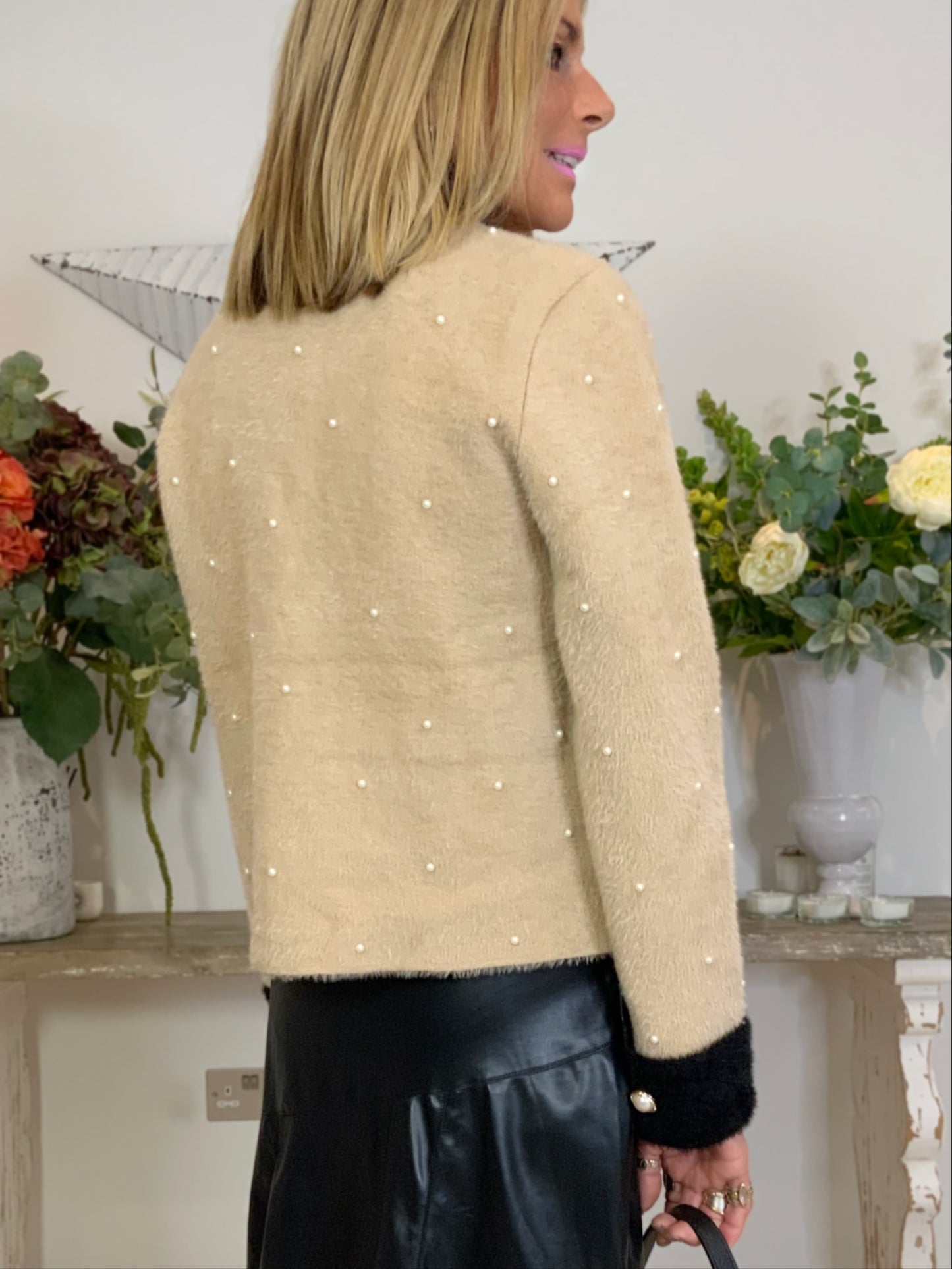 Brushed Cardi-Jacket with Pearls