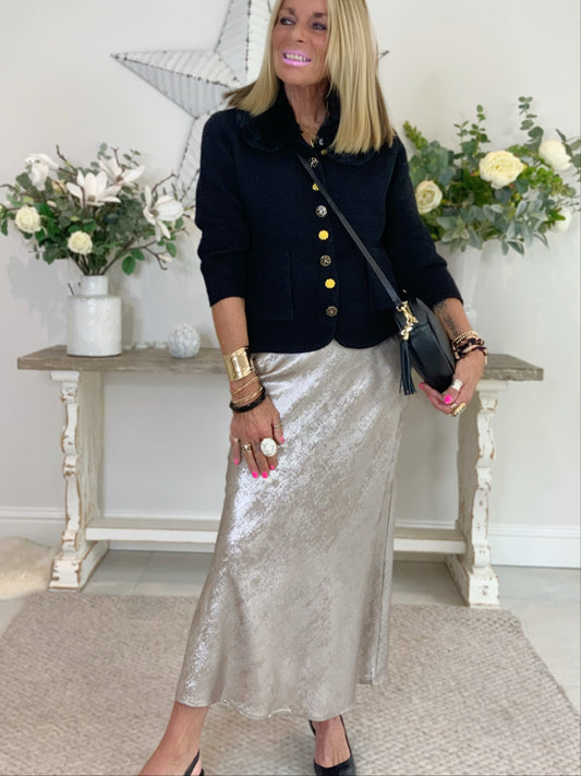Metallic Bias-Cut Midi Skirt