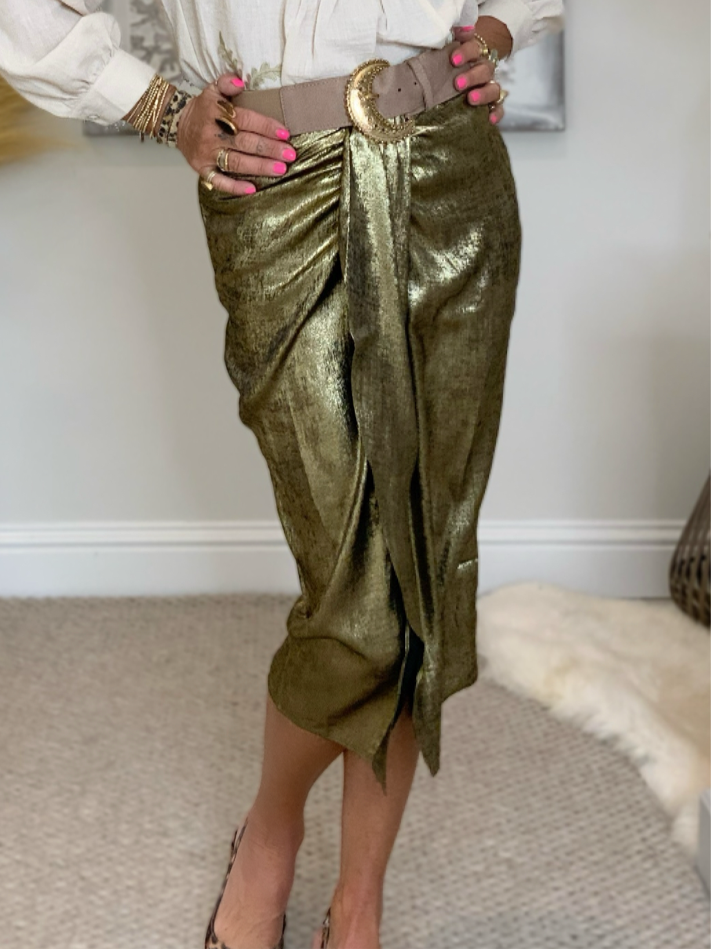 Ruched Front Metallic Skirt