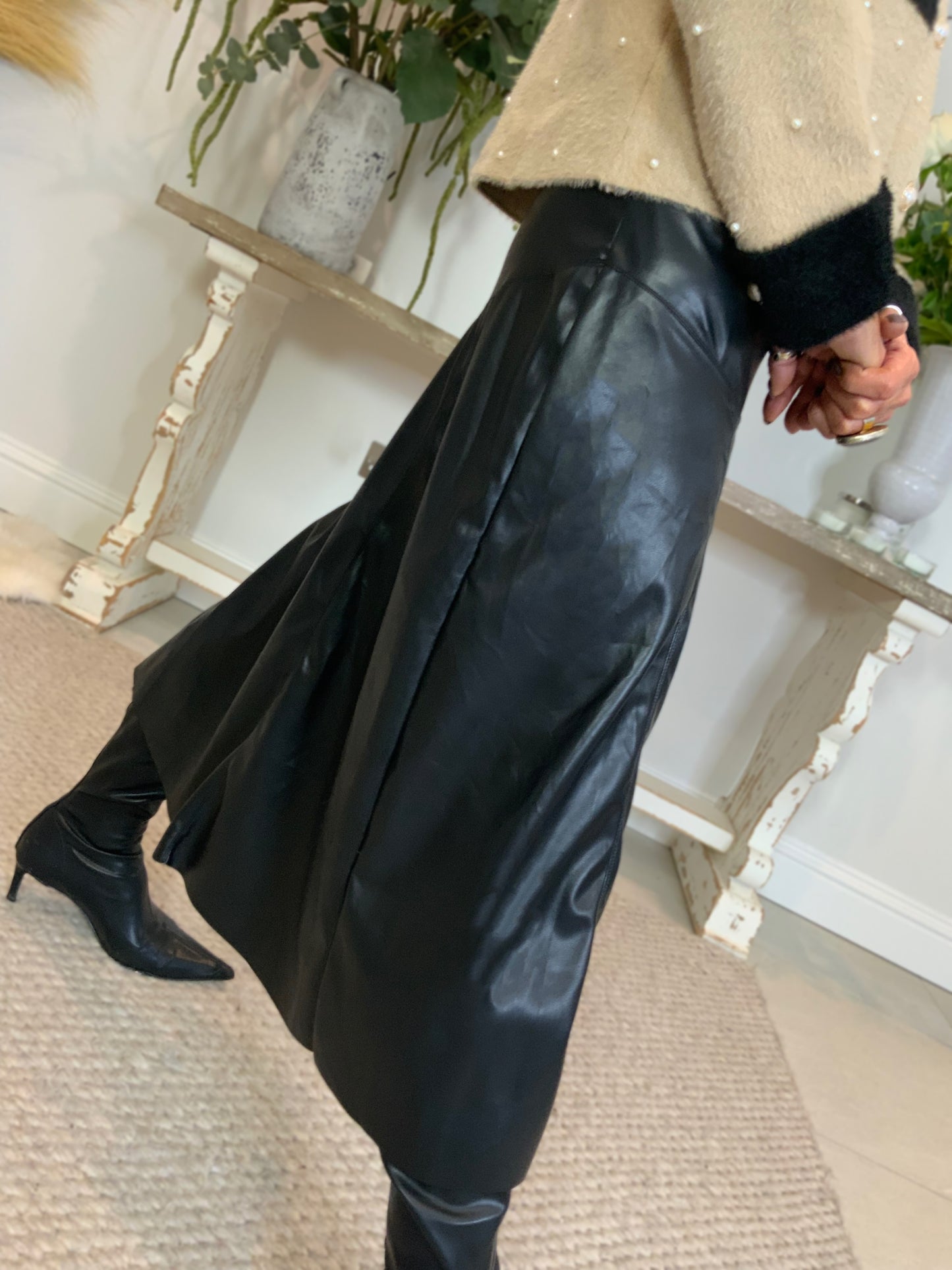 Faux Leather Panelled Midi Skirt