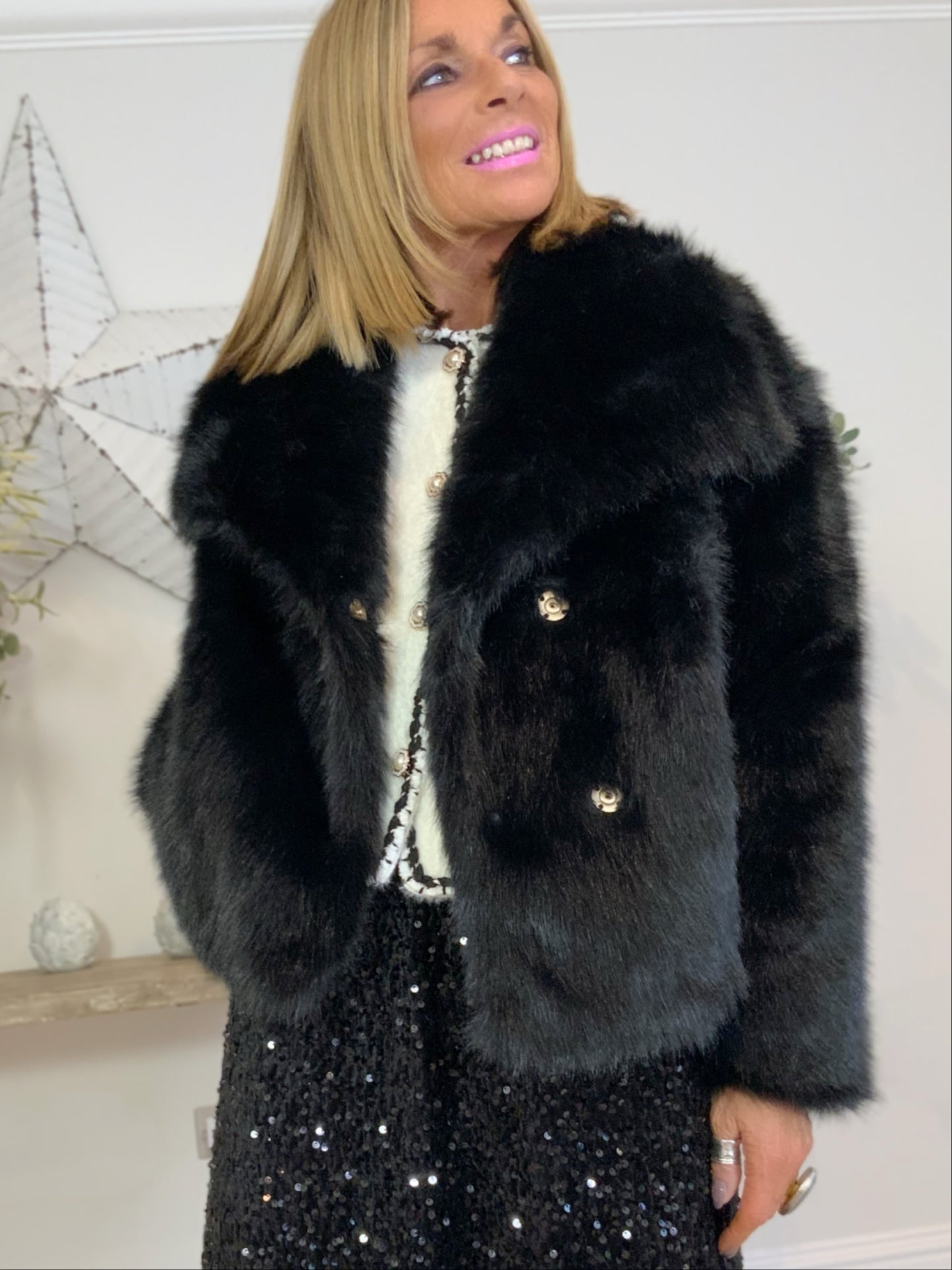 Luxe Double-Breasted Collar Faux Fur Jacket