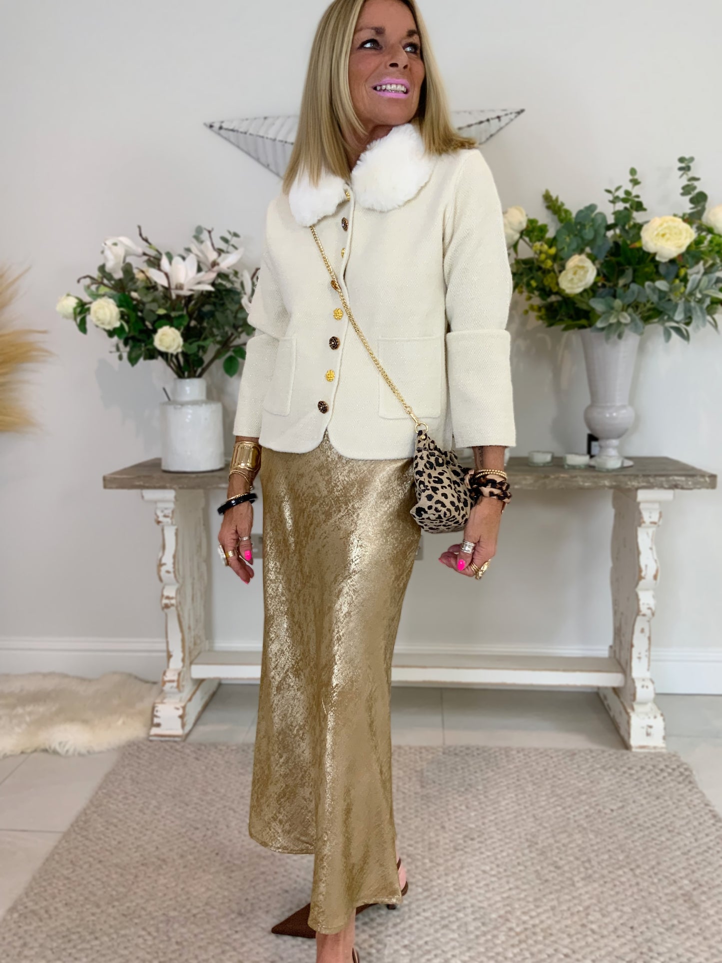 Metallic Bias-Cut Midi Skirt