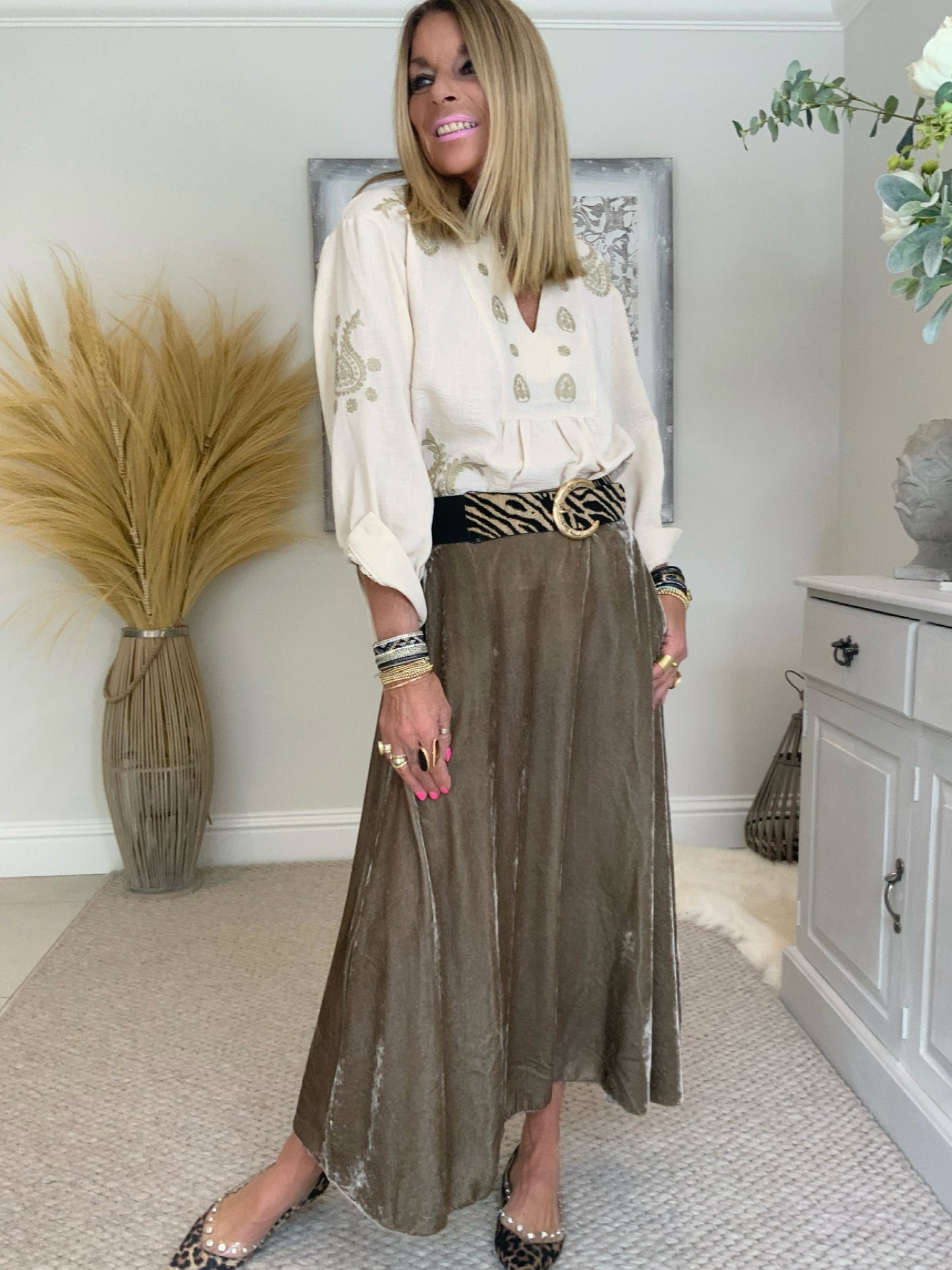 Evie Velvet Maxi Skirt Taupe