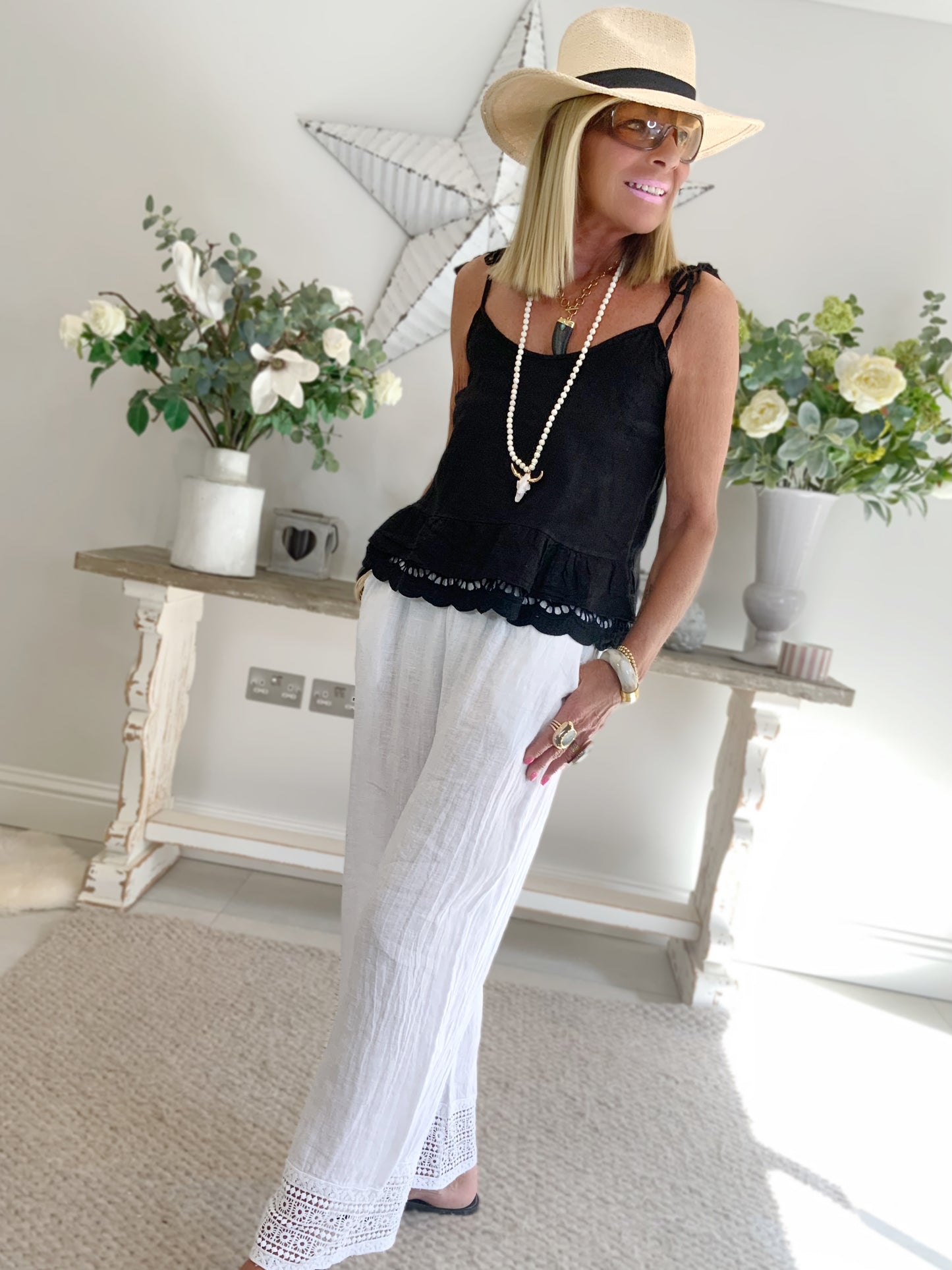 Linen Crochet Hem Trousers