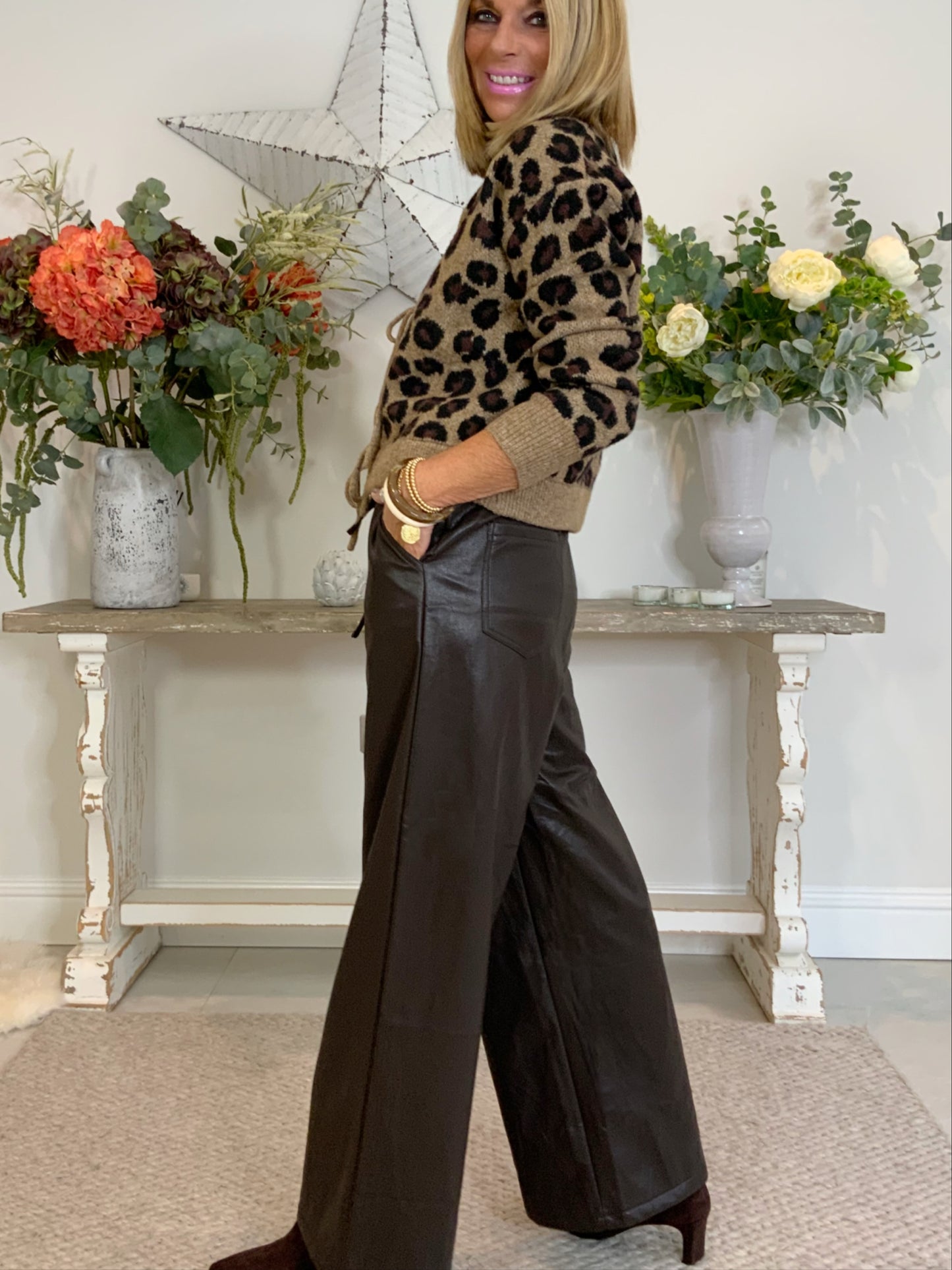Faux Leather Wide-Leg Trousers