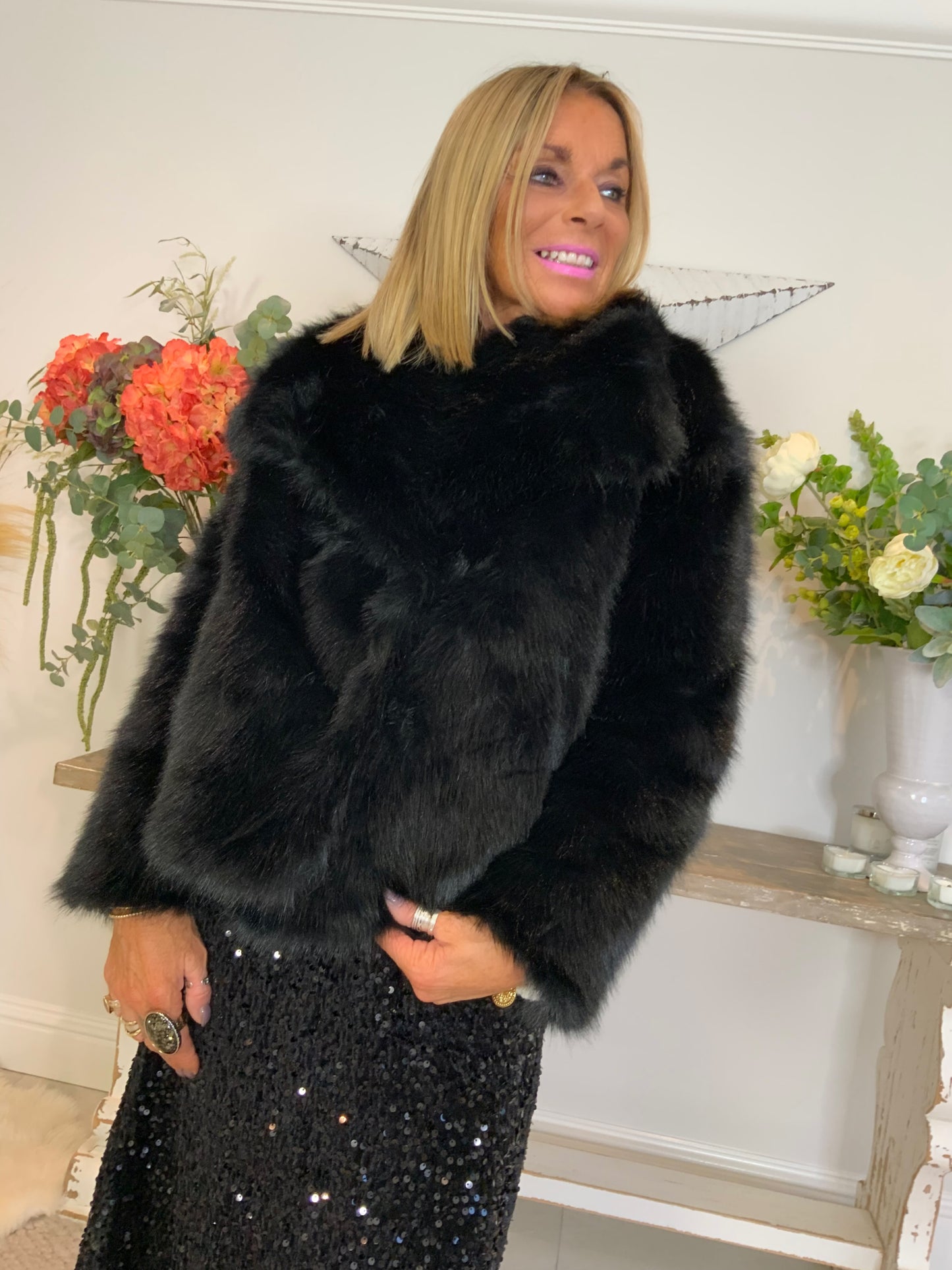 Luxe Double-Breasted Collar Faux Fur Jacket