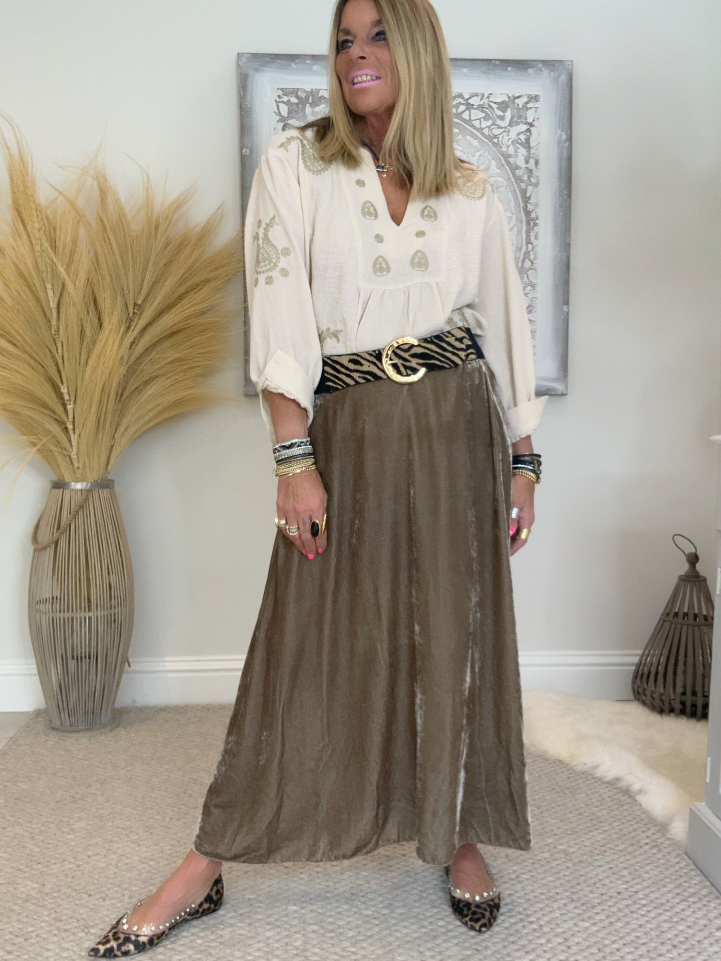 Evie Velvet Maxi Skirt Taupe