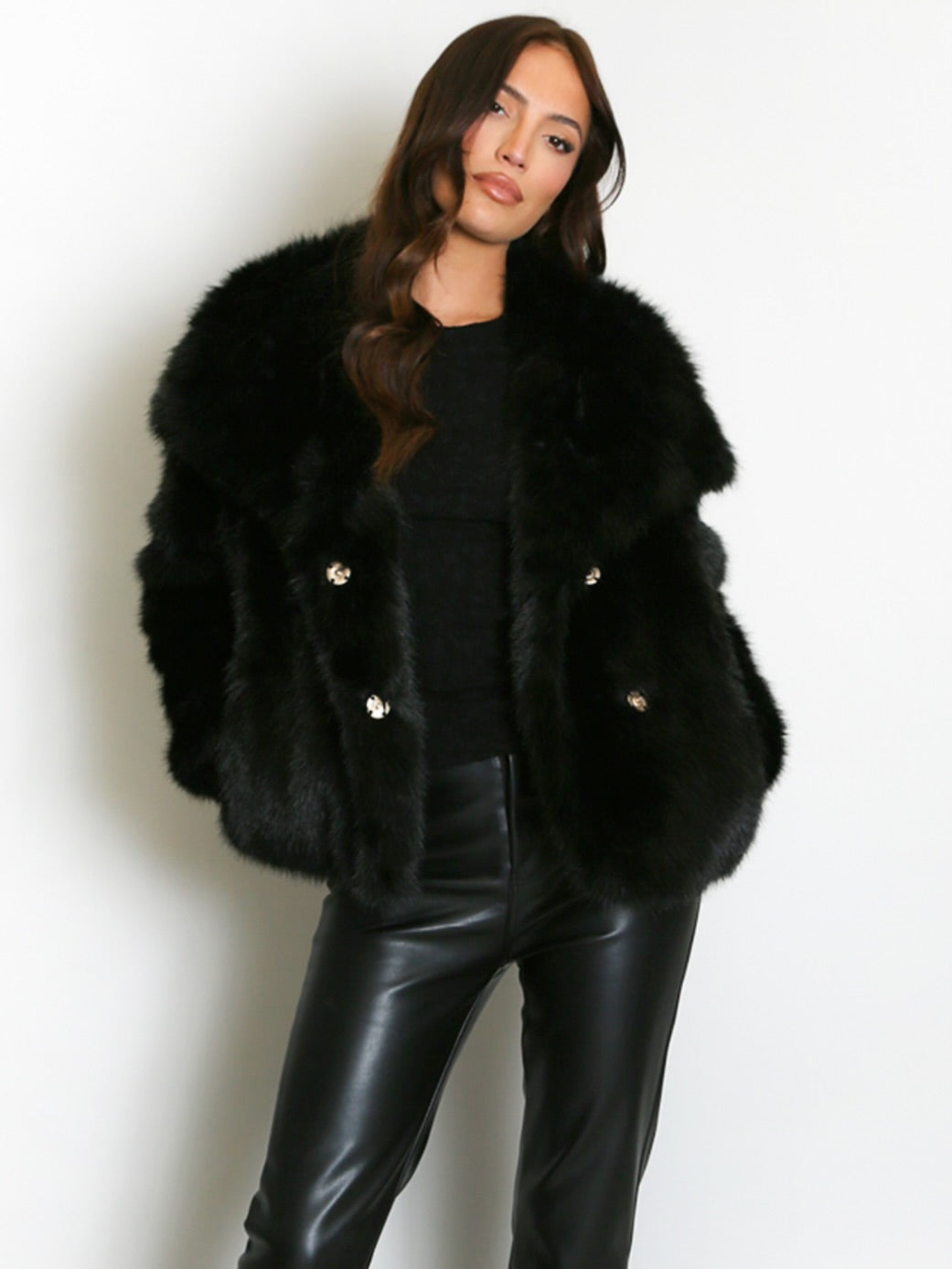 Luxe Double-Breasted Collar Faux Fur Jacket