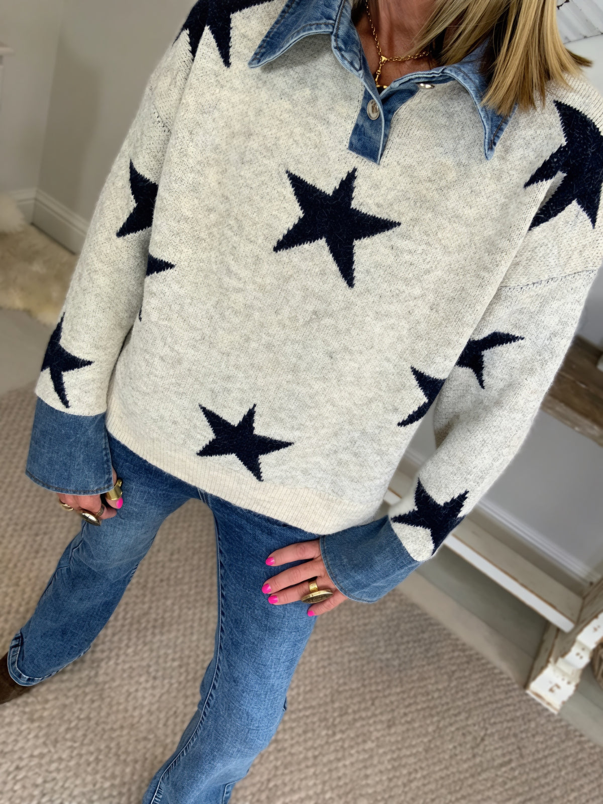Denim Collar Star Jumper