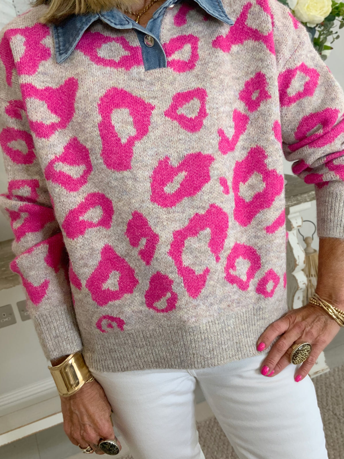 Denim Collar Animal Print Jumper