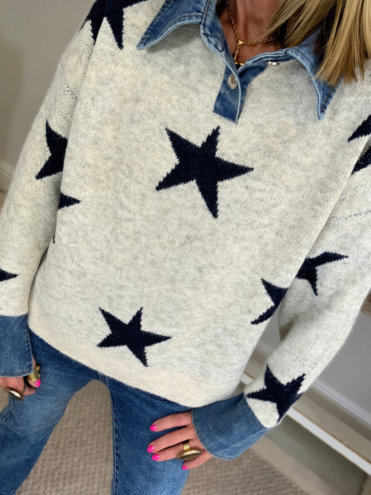 Denim Collar Star Jumper