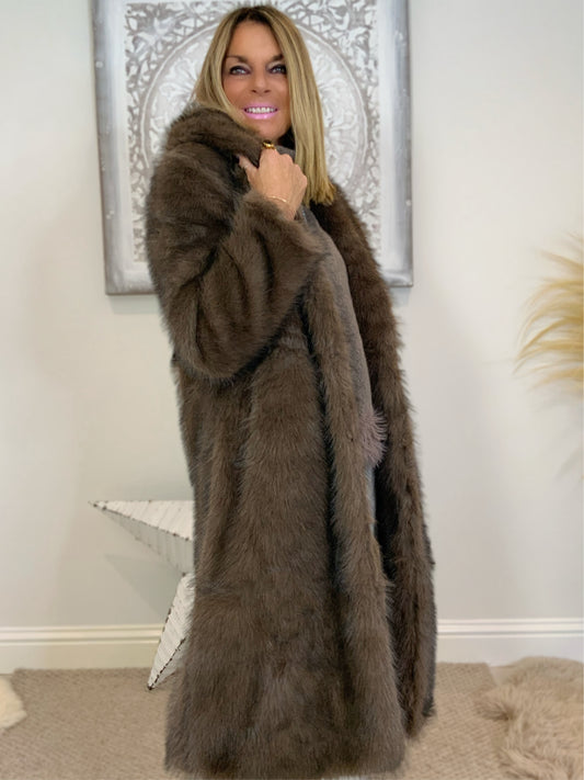 Faux fur coat, brown faux fur coat