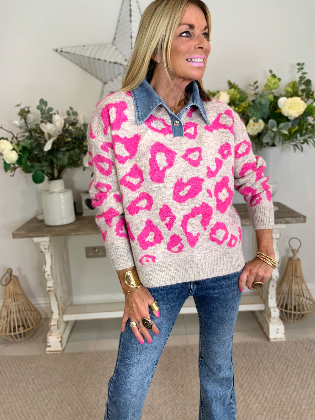Denim Collar Animal Print Jumper