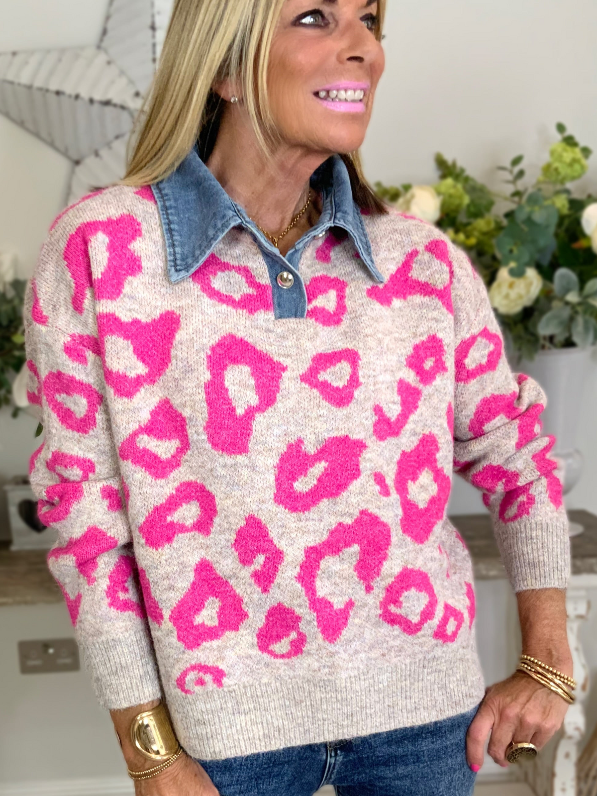 Denim Collar Animal Print Jumper