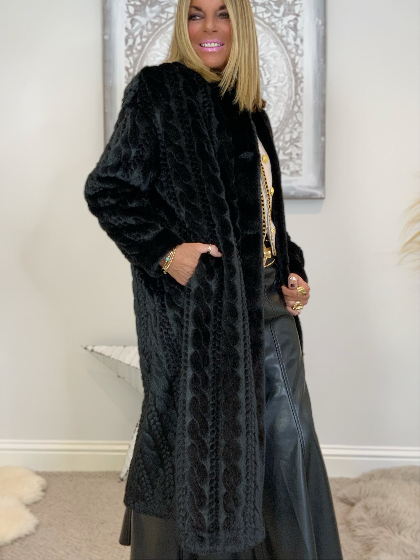 Luxury Faux Fur Cable Coat