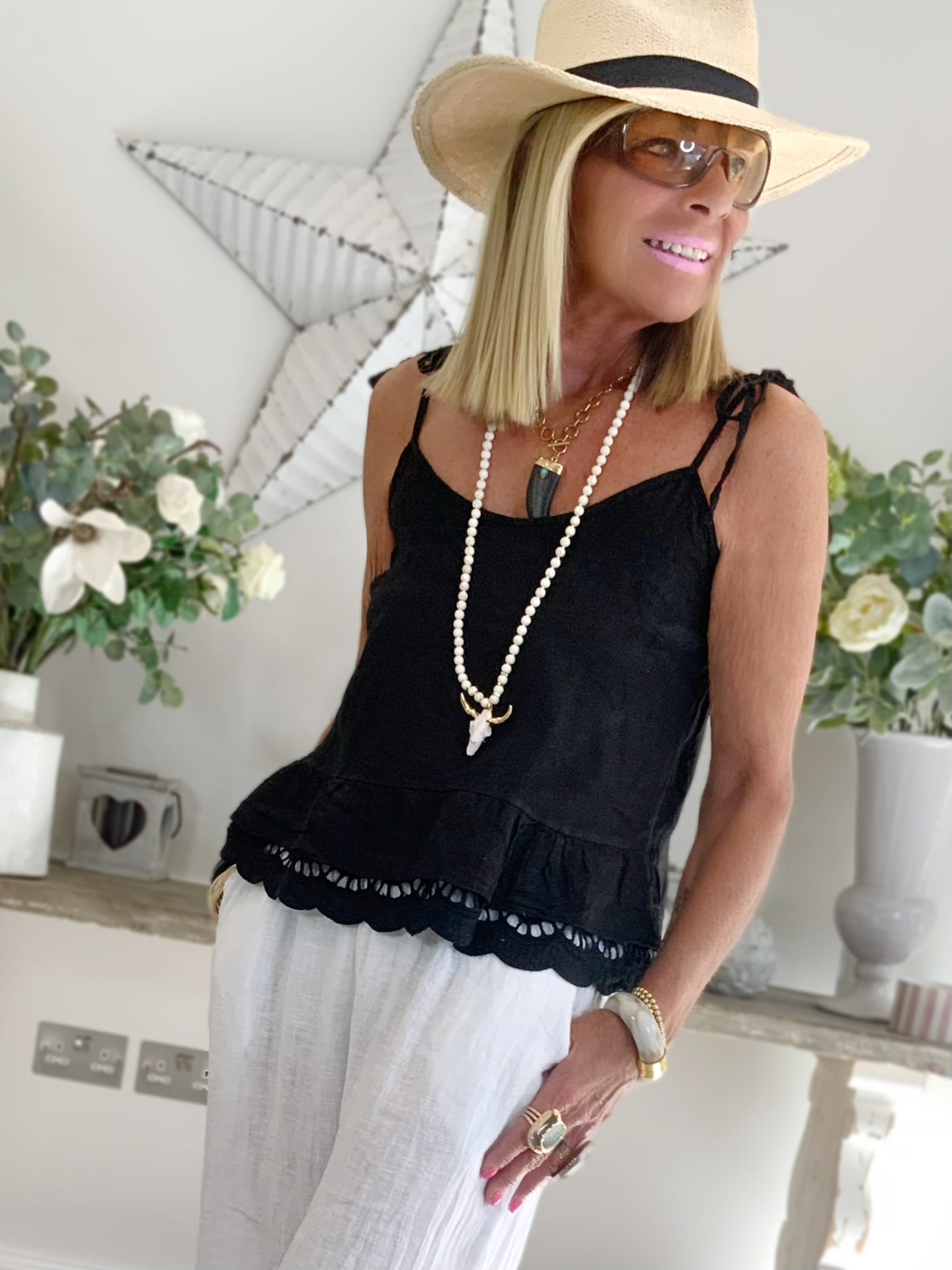 Linen Strappy Top With Broderie Hem