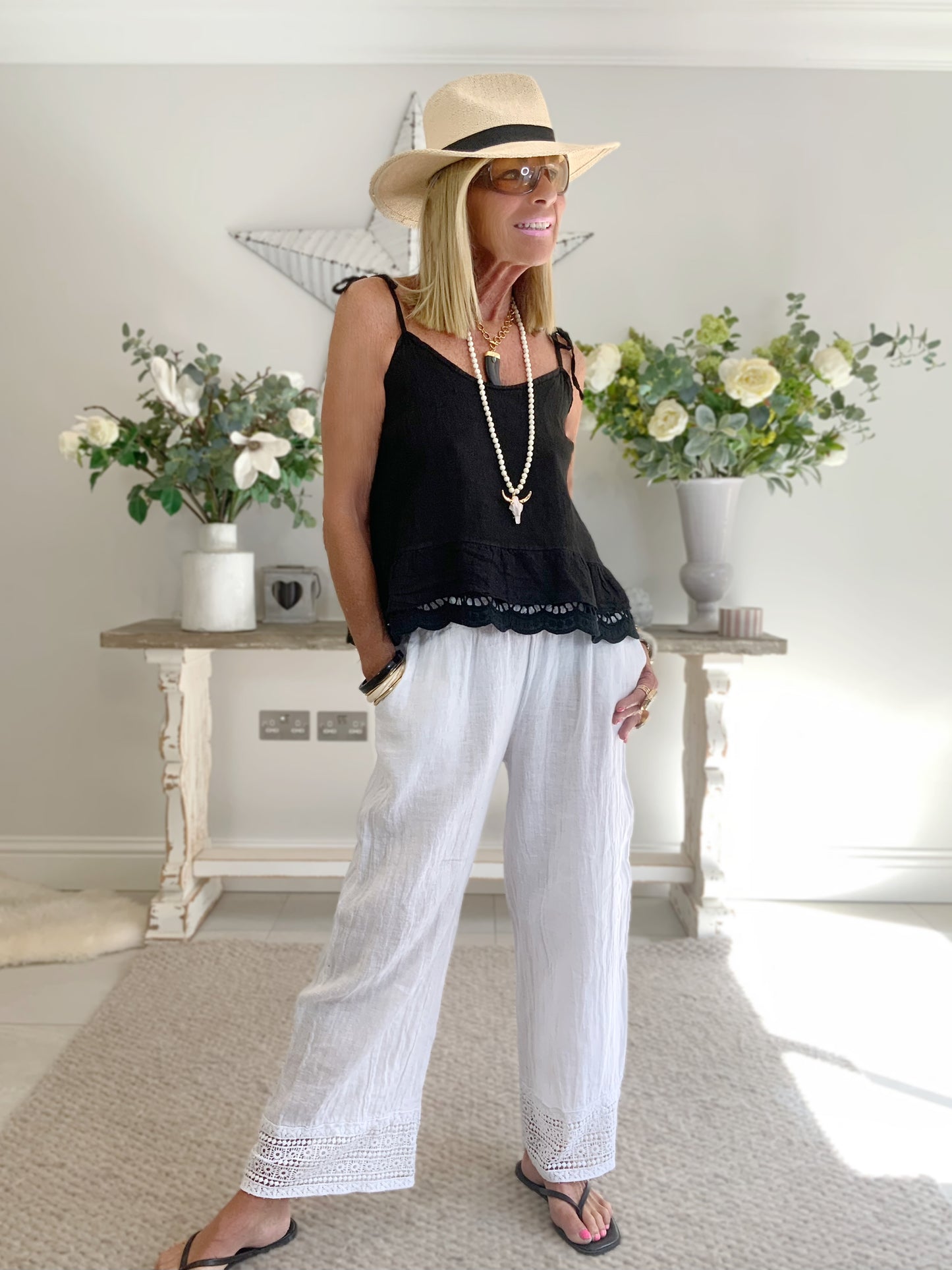 Linen Strappy Top With Broderie Hem