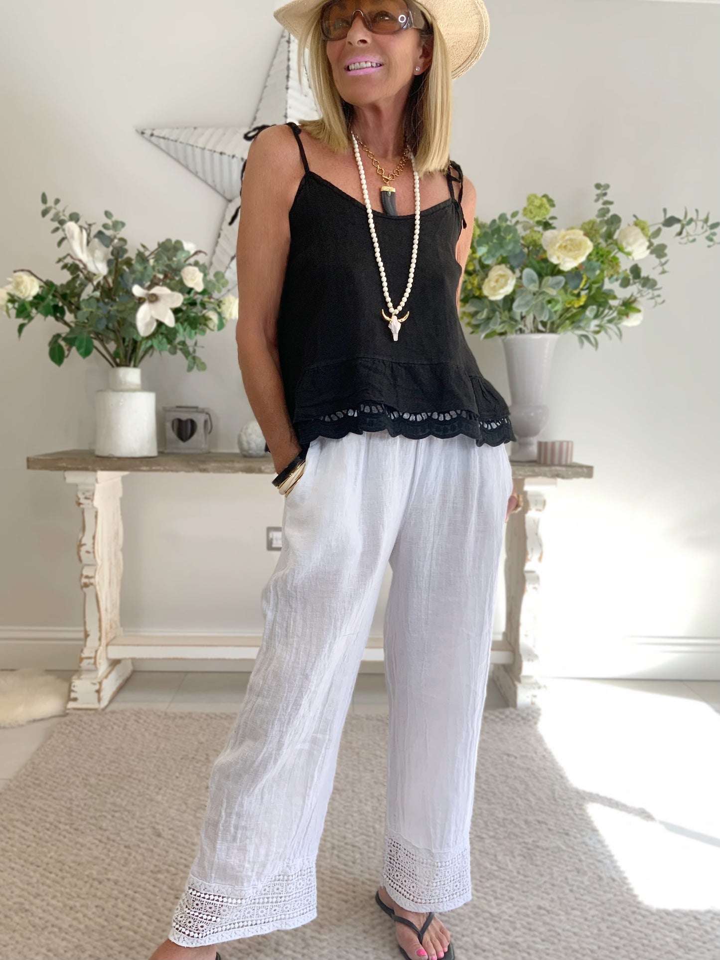 Linen Crochet Hem Trousers