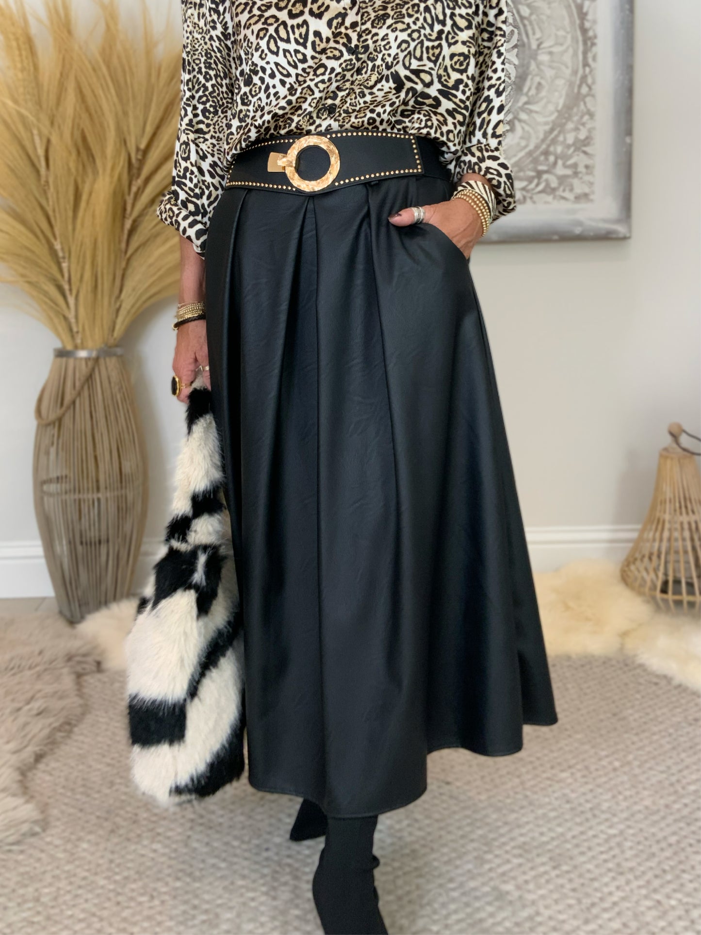 Pleated Faux Leather Maxi Skirt