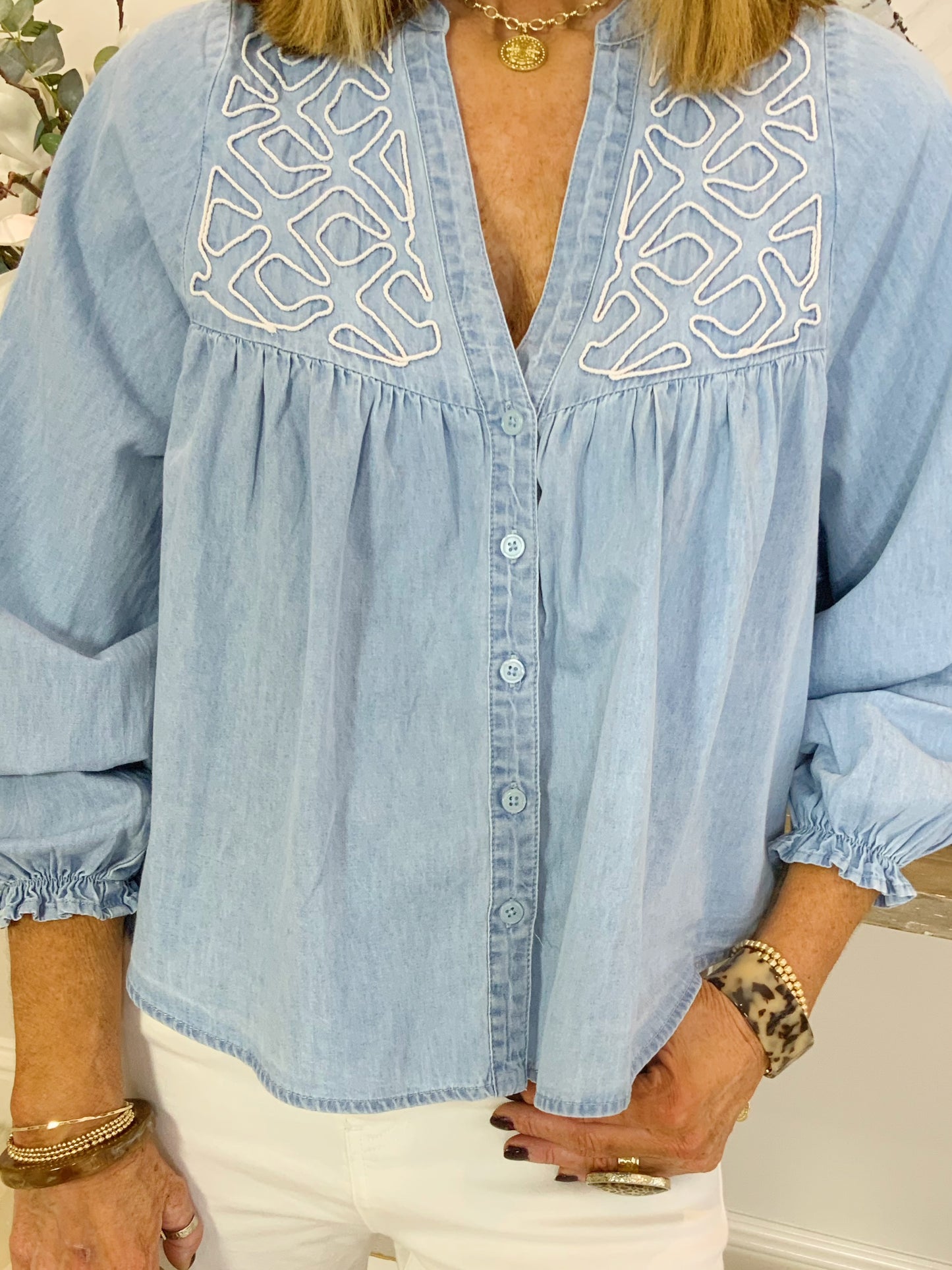 Betsy Chambray Embroidered Smock Top