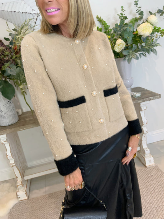 Brushed Cardi-Jacket with Pearls