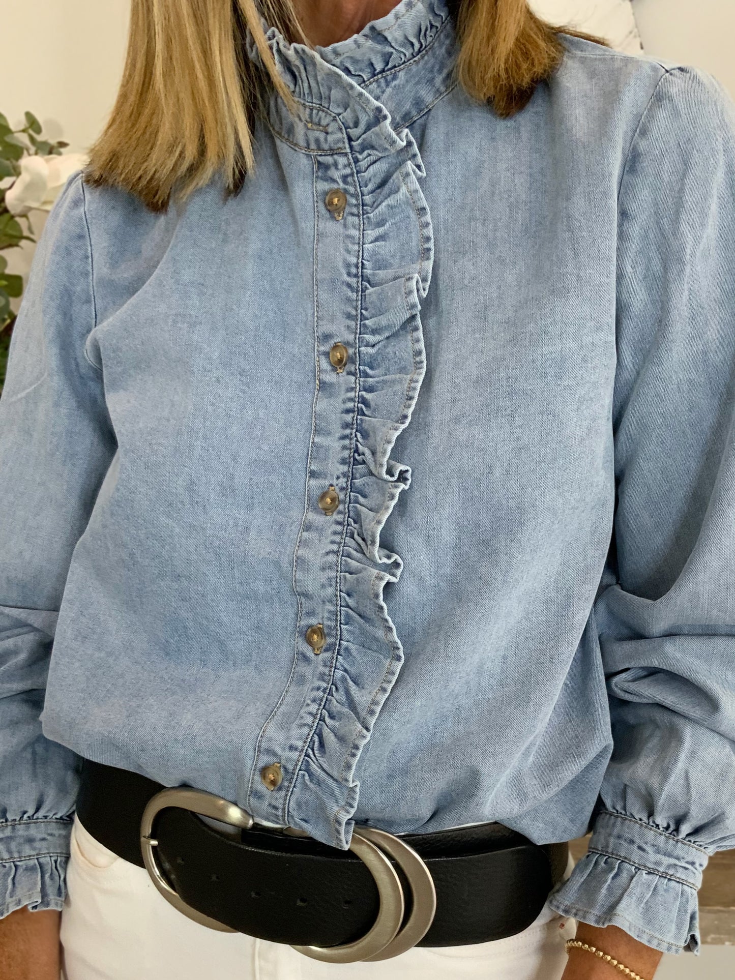 Chambray Ruffle Collar Shirt