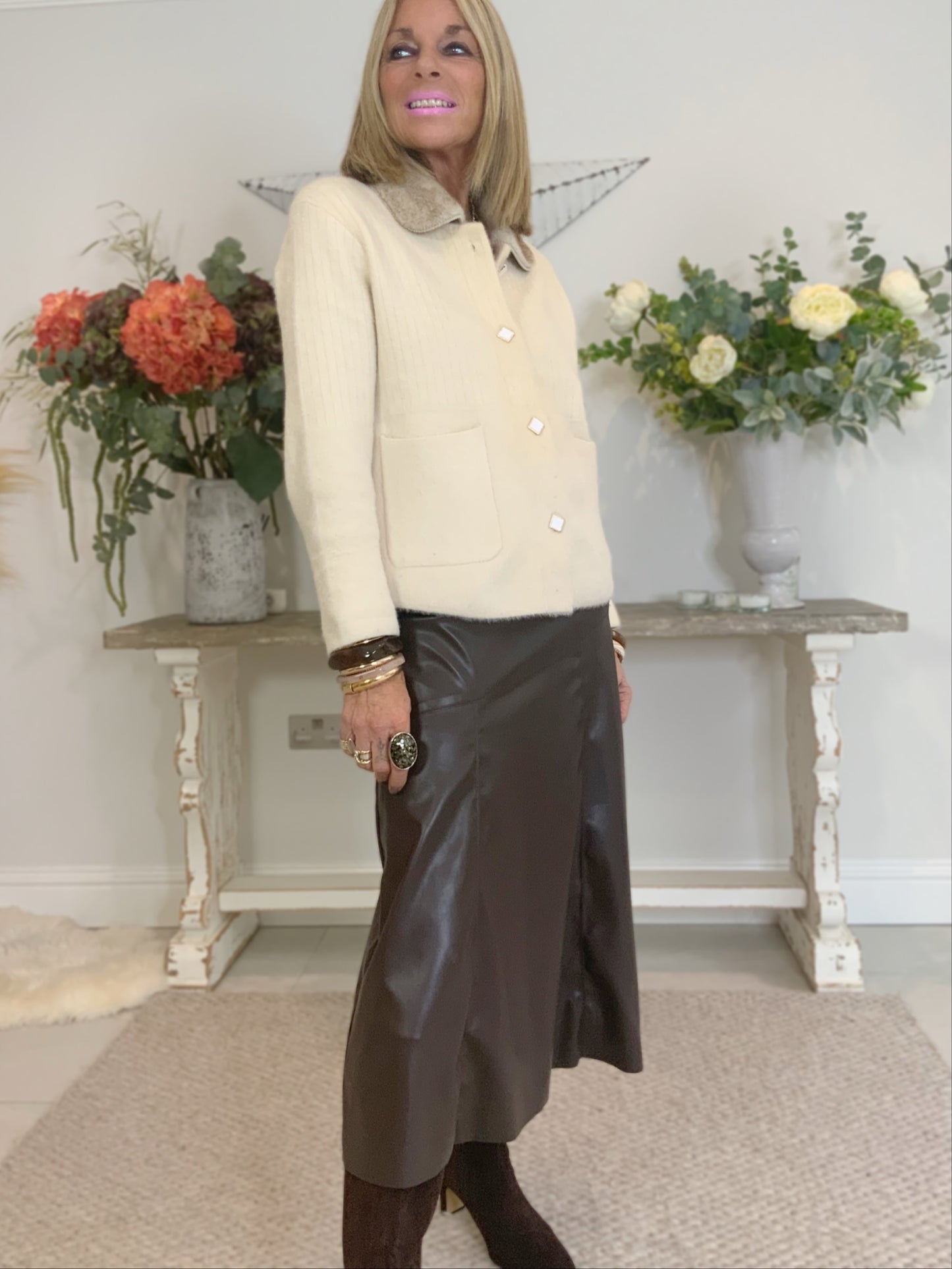 Faux Leather Panelled Midi Skirt