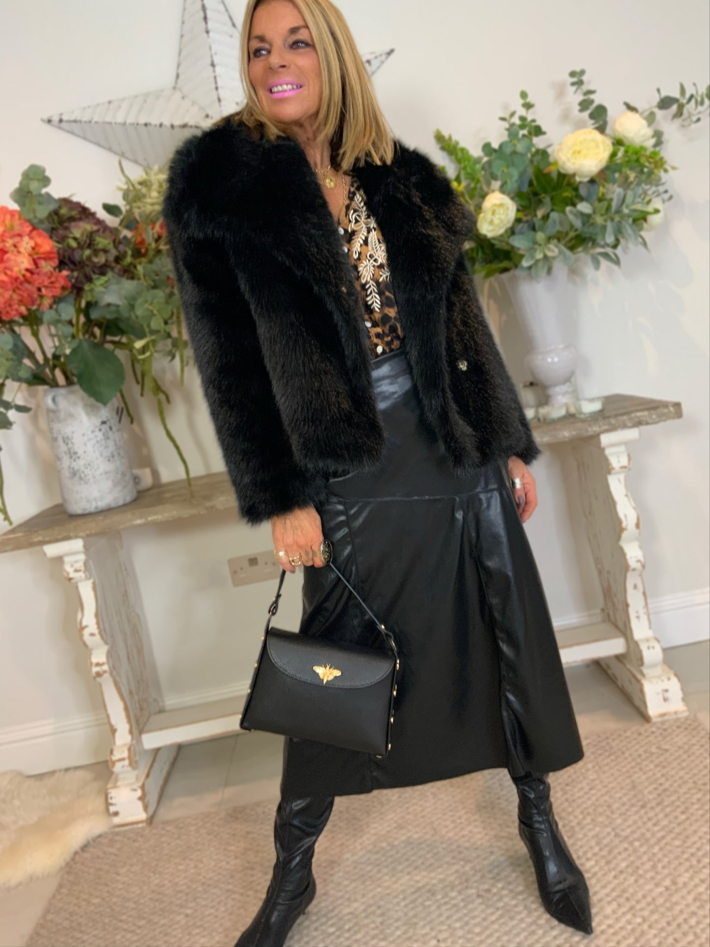 Faux Leather Panelled Midi Skirt