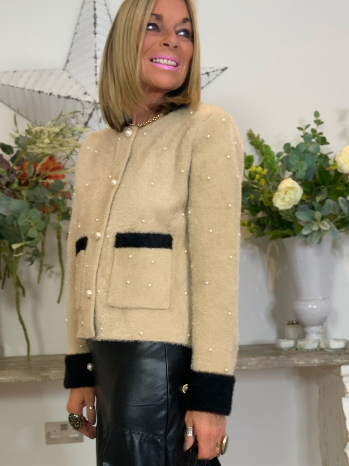 Brushed Cardi-Jacket with Pearls